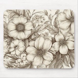 Tapis De Souris Fleur de Maison Neutre Sépia Crème Botanique