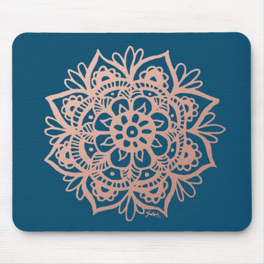 Tapis De Souris Fleur de Mandala Rose Gold sur le bleu foncé (Devant)