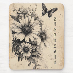 Tapis De Souris Fleur de marguerite papillon sépia vintage Botaniq