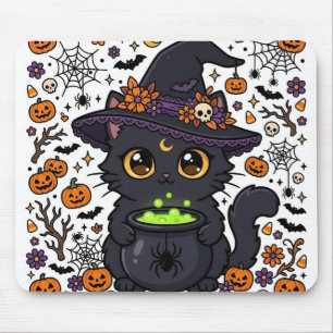 Tapis De Souris Fleur d'Halloween Sorcière Chat Citrouille Épouvan