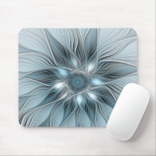 Tapis De Souris Fleur Joyeuse Abstrait gris bleu floral Fractal