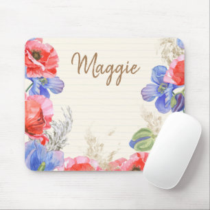 Tapis De Souris Fleur mignonne avec des lignes monogrammée aquarel