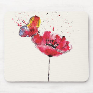 Tapis De Souris Fleur peinte stylisée de pavot d'aquarelle