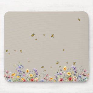 Tapis De Souris Fleur sauvage aquarelle colorée avec papillon