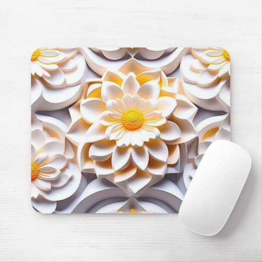 Tapis De Souris Fleurs 3D blanches et jaunes (Avec souris)