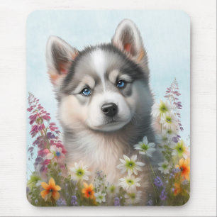 Tapis De Souris Fleurs à l'aquarelle et chiot husky sibérien