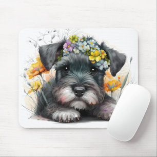 Tapis De Souris Fleurs à l'aquarelle et chiot schnauzer