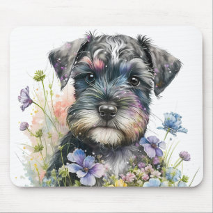 Tapis De Souris Fleurs à l'aquarelle et chiot schnauzer