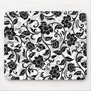 Tapis De Souris Fleurs à rayures noir et gris