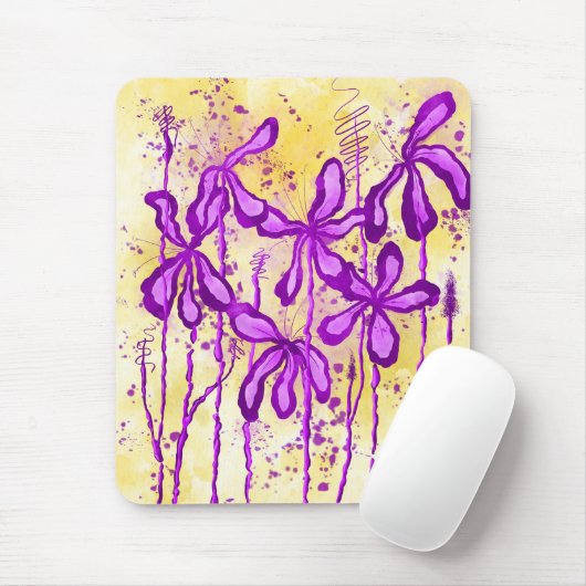 Tapis De Souris Fleurs Abstraites encrées violet jaune (Avec souris)