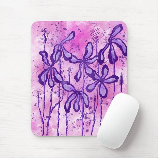 Tapis De Souris Fleurs Abstraites encrées violet rose (Avec souris)