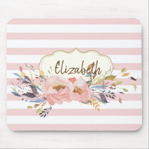 Tapis De Souris Fleurs Aquarelles Adorables, Rayures - Personnalis