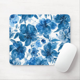 Tapis De Souris Fleurs aquarelles bleues élégantes