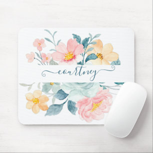 Tapis De Souris Fleurs aquarelles personnalisées rose et orange