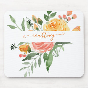 Tapis De Souris Fleurs aquarelles rose et orange personnalisées