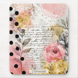 Tapis De Souris Fleurs aquarelles vintage écriture à pois Art (5)
