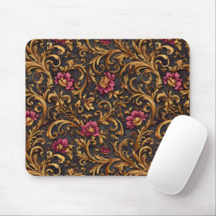 Tapis De Souris Fleurs Baroques Sombres avec Rinceaux Dorés