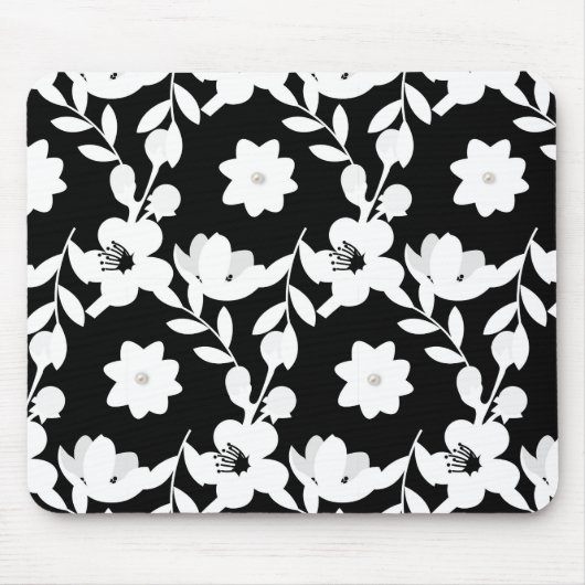 Tapis De Souris Fleurs blanches avec perles sur noir (Devant)