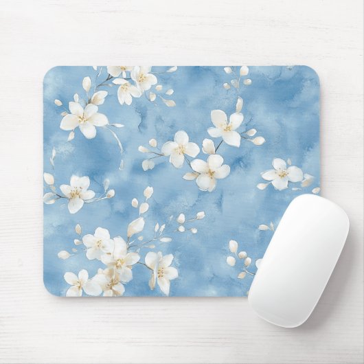 Tapis De Souris Fleurs blanches jolies bleu ciel (Avec souris)
