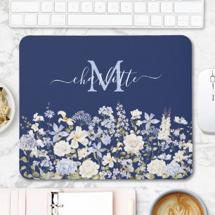 Tapis De Souris Fleurs Bleues Aquarelle Floral Élégant Monogramme