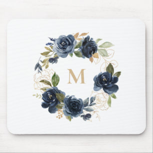 Tapis De Souris Fleurs bleues et Feuilles d'huile d'or Monogramme 