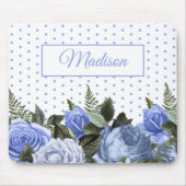 Tapis De Souris Fleurs Bleues Feuilles Vertes Monogramme Points Bl (Devant)