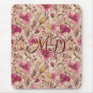 Tapis De Souris Fleurs brodées Cottagecore florales roses
