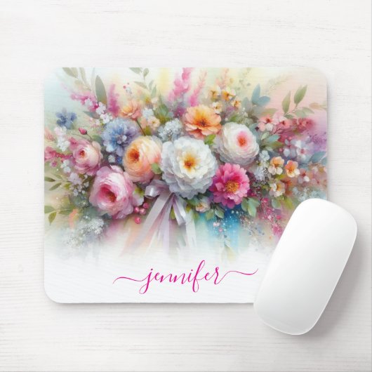 Tapis De Souris Fleurs d'aquarelle Calligraphie Script Votre Nom (Avec souris)