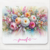 Tapis De Souris Fleurs d'aquarelle Calligraphie Script Votre Nom (Devant)
