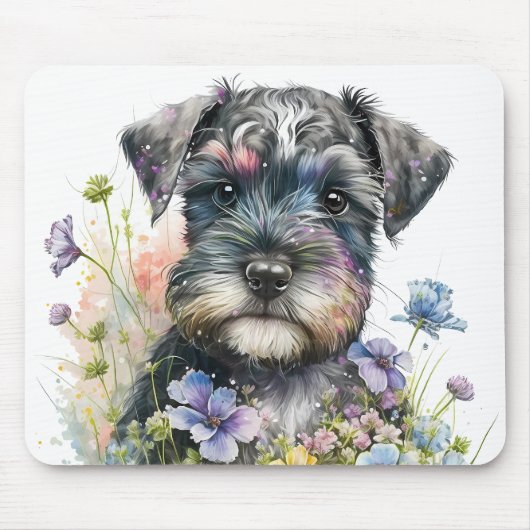 Tapis De Souris Fleurs d'aquarelle et chiot Schnauzer (Devant)