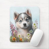 Tapis De Souris Fleurs d'aquarelle et chiot sibérien Husky (Avec souris)