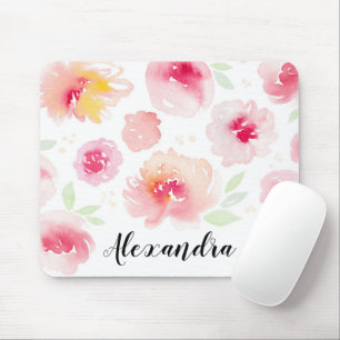 Tapis De Souris Fleurs d'aquarelle Nom de script personnalisé Mou