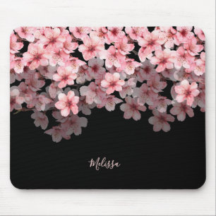 Tapis De Souris Fleurs de cerisier à l'aquarelle Noir Rose Votre