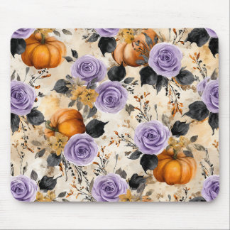 TAPIS DE SOURIS FLEURS DE HALLOWEEN VIOLETTES & CITROUILLES ORANGE