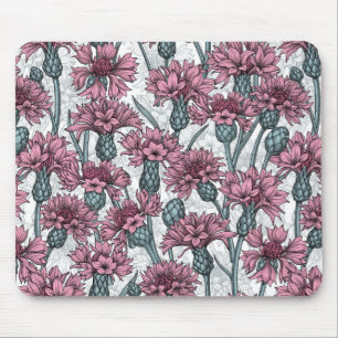 Tapis De Souris Fleurs de maïs roses, fleurs sauvages sur blanc