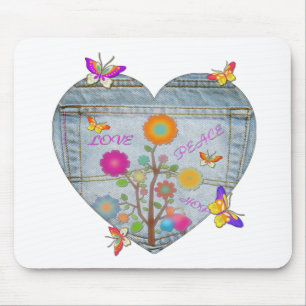 Tapis De Souris Fleurs de papillons en cœur de poche en denim
