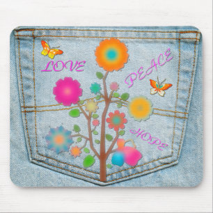 Tapis De Souris Fleurs de poche arrière en denim Paix Amour Espoir