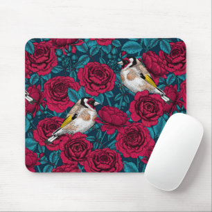 Tapis De Souris Fleurs de roses rouges et oiseaux d'or