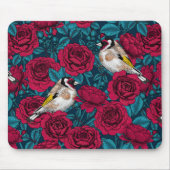 Tapis De Souris Fleurs de roses rouges et oiseaux d'or (Devant)