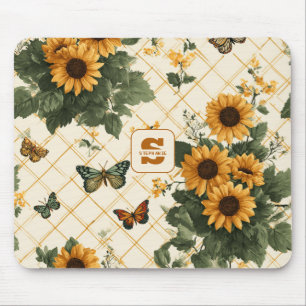 Tapis De Souris Fleurs de soleil et papillons sur Jaune clair