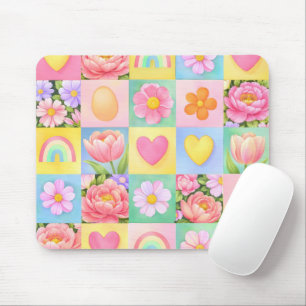 Tapis De Souris Fleurs Élégantes de Printemps Motif Damier Cœur