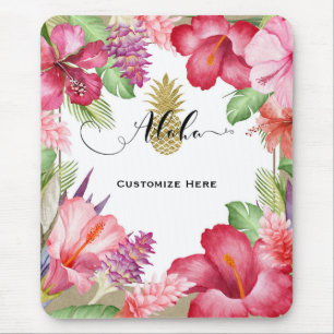 Tapis De Souris Fleurs exotiques tropicales et ananas d'or Aloha