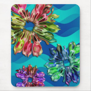 Tapis De Souris Fleurs fractales abstraites 2D ondes bleues cyan