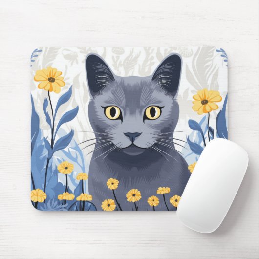 Tapis De Souris Fleurs Jaunes Chat Bleu Russe (Avec souris)