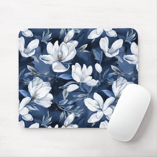Tapis De Souris Fleurs Magnolia Blanches, Arrière - plan Bleu (Avec souris)