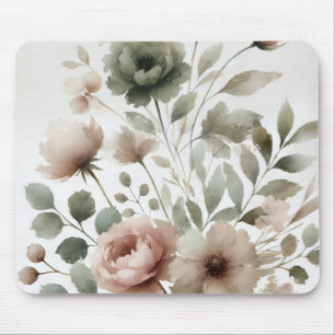 Tapis De Souris Fleurs modernes aquarelle olive poussiéreuse et ro
