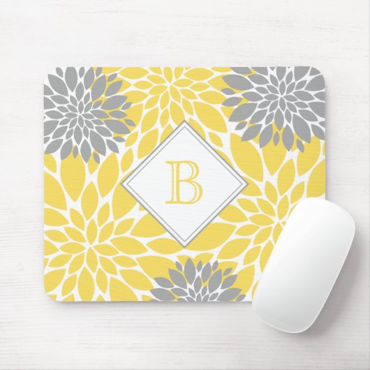 Tapis De Souris Fleurs modernes, Monogramme initial, Gris Jaune (Avec souris)