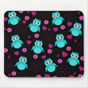 Tapis De Souris Fleurs noires de coeurs de rose de motif de hibou