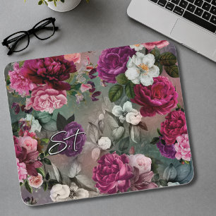 Tapis De Souris Fleurs roses élégantes monogramme gris