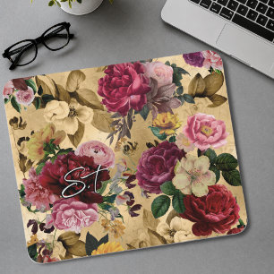 Tapis De Souris Fleurs roses élégantes monogramme jaune